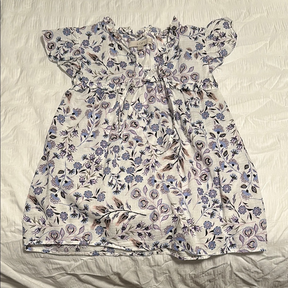 LOFT Tie Neck Blouse with Ruffle Sleeves in Purple and Blue Floral